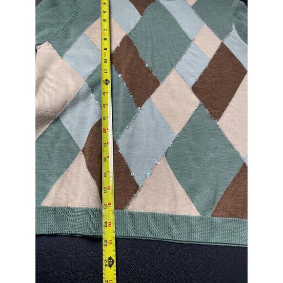 VTG Alfred Dunner Women's Wool Geometric Sequin Artzy Funnel Sweater Green PL - Picture 9 of 10